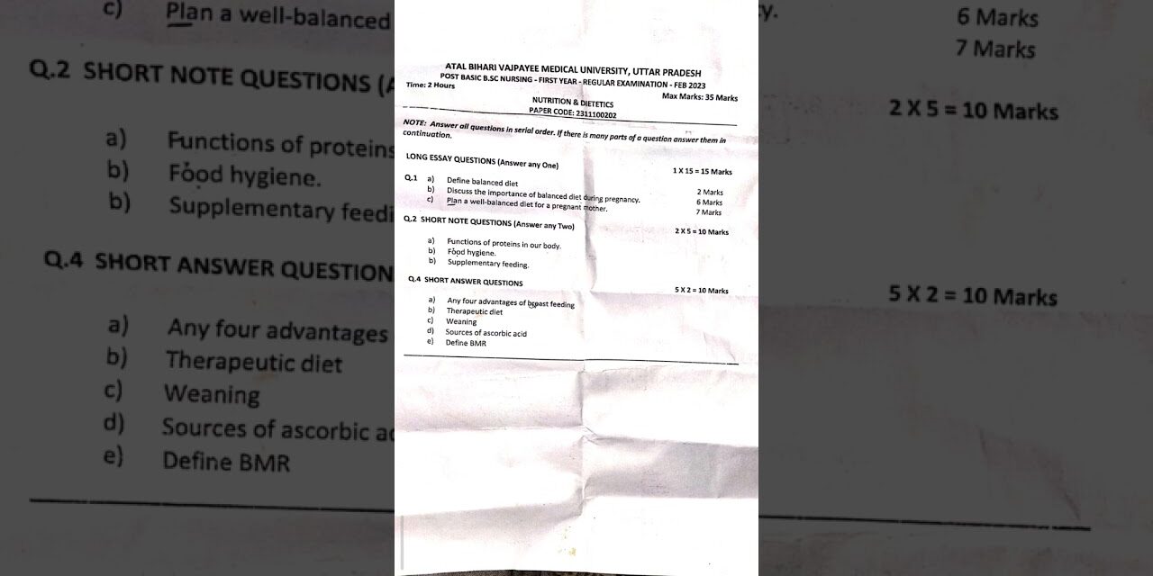 post basic bsc nursing question paper "Nutrition and Dietetics' first year #nutrition #nursing